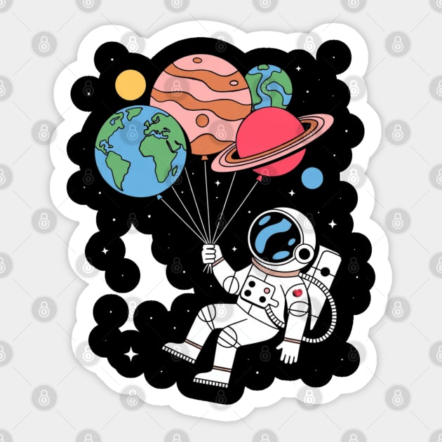 Astronaut Holding Planet Balloons Sticker by Creatifly Graphic Tees